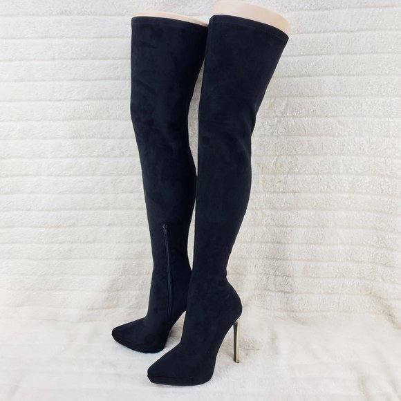 Girlz Revenge Faux Stretch Suede Black Sexy High Heel Pointy Toe Platform Boots - Picture 3 of 15